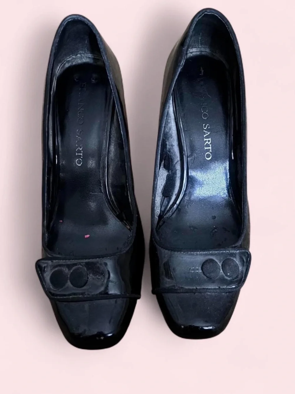 Franco Sarto Black Patent Leather Mid-Heel Pumps